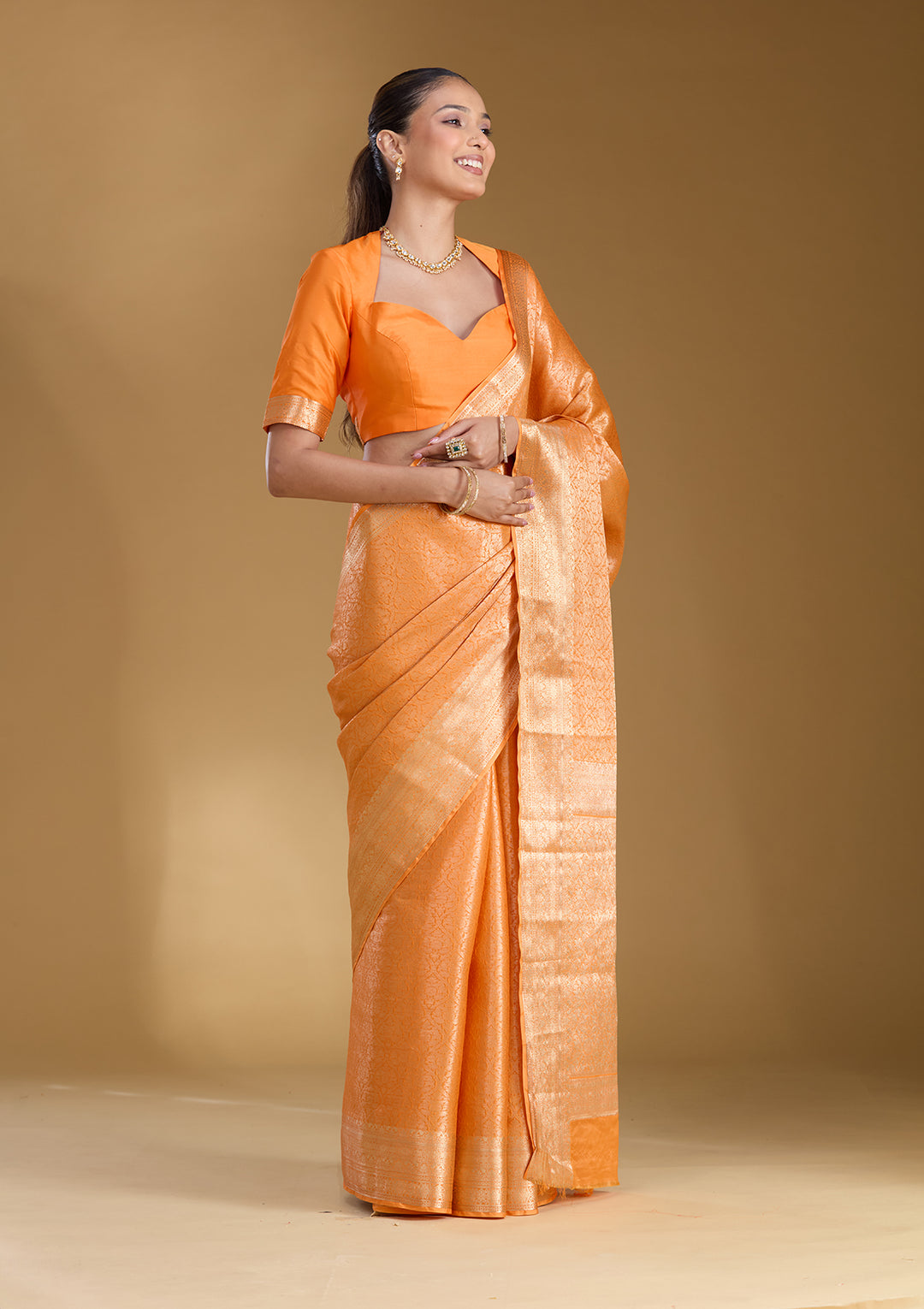 Orange Silk Jaal Zariwork Saree With Matching Blouse Piece