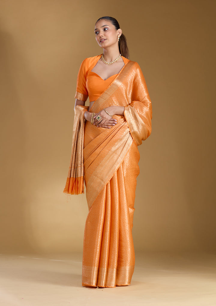 Orange Silk Jaal Zariwork Saree With Matching Blouse Piece
