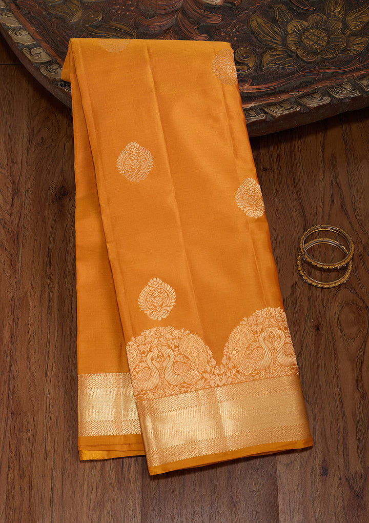 Mustard Silk Buti Gold Zariwork Saree With Matching Blouse Piece