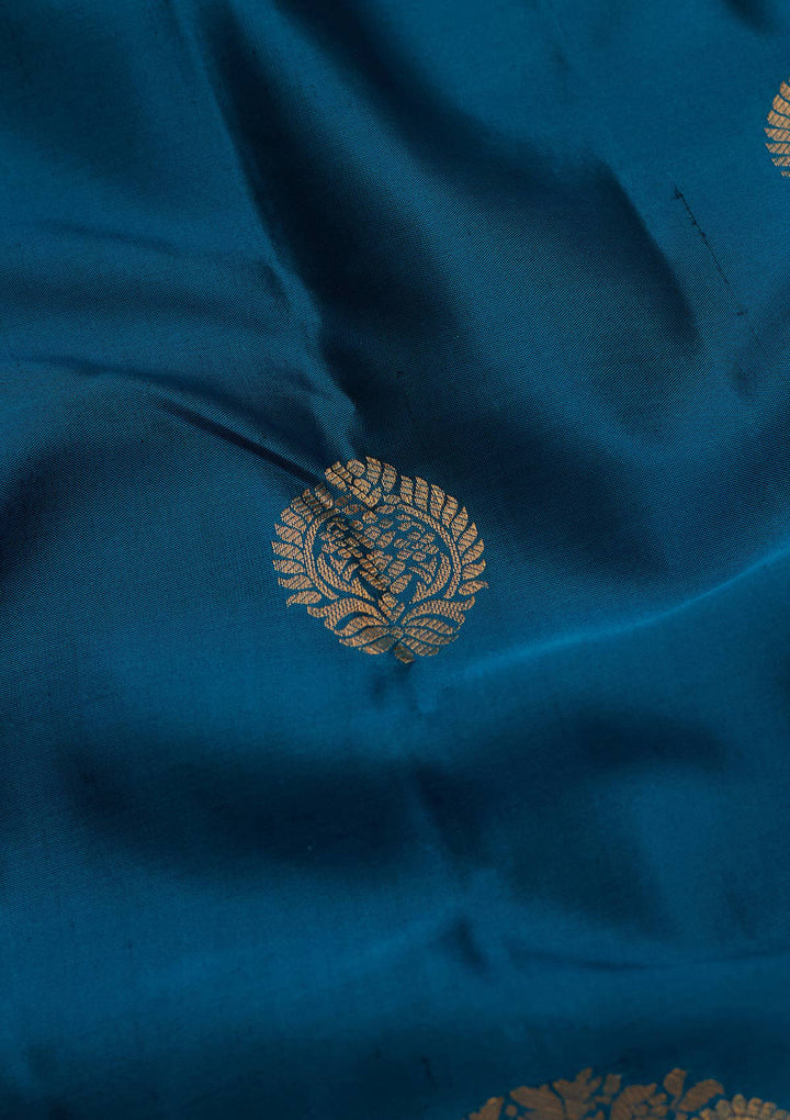Peacock Blue Silk Buti Saree With Matching Blouse Piece
