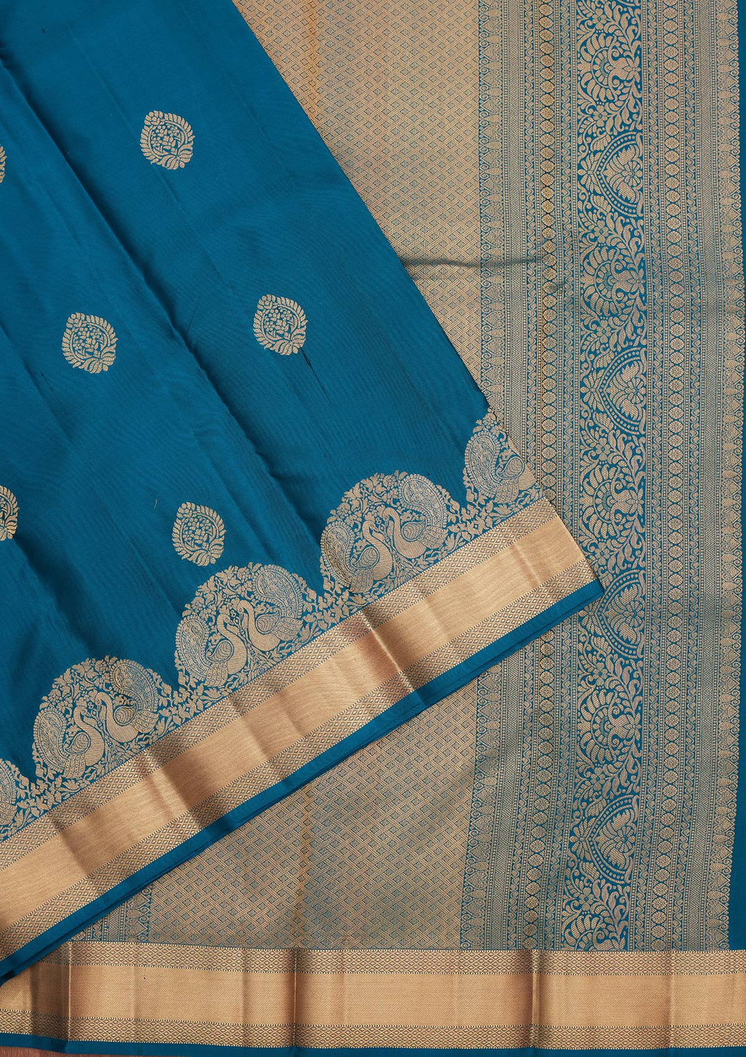 Peacock Blue Silk Buti Saree With Matching Blouse Piece