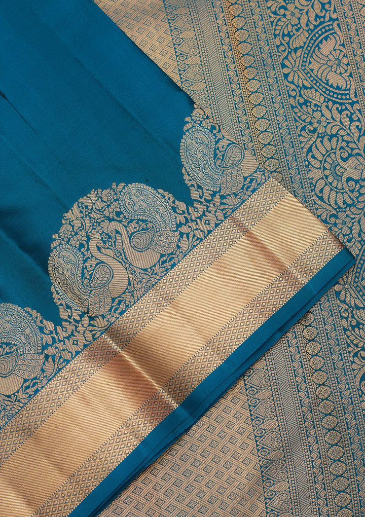 Peacock Blue Silk Buti Saree With Matching Blouse Piece