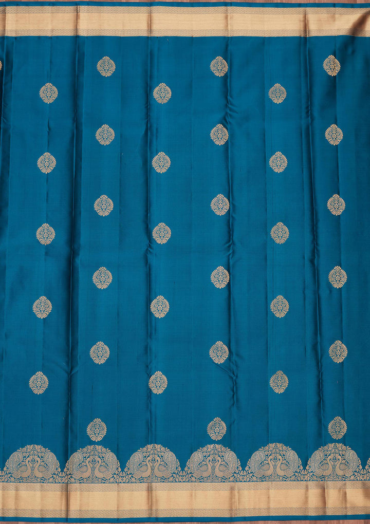 Peacock Blue Silk Buti Saree With Matching Blouse Piece