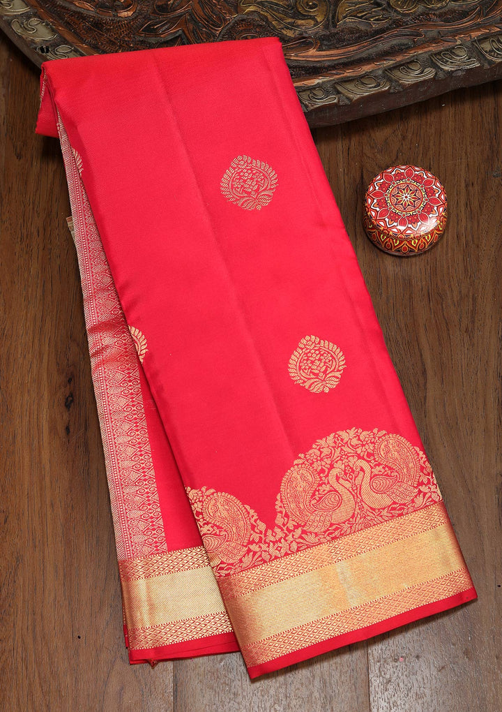 Rani Pink Silk Buti Gold Zariwork Saree With Matching Blouse Piece