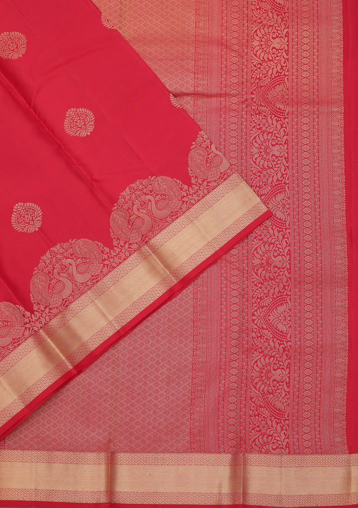 Rani Pink Silk Buti Gold Zariwork Saree With Matching Blouse Piece