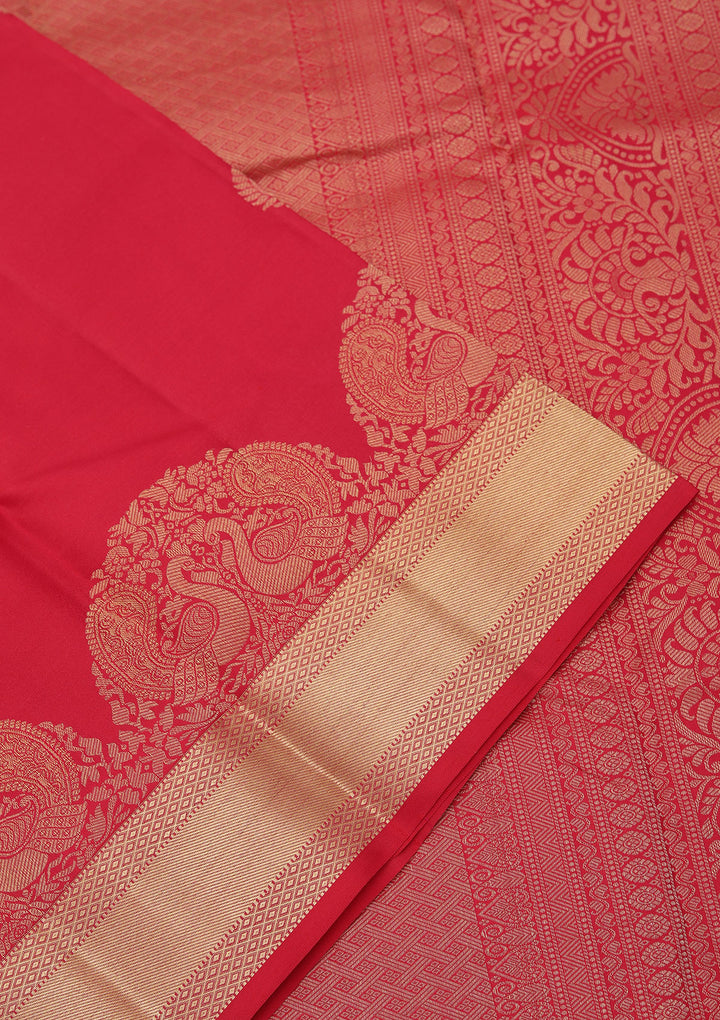 Rani Pink Silk Buti Gold Zariwork Saree With Matching Blouse Piece