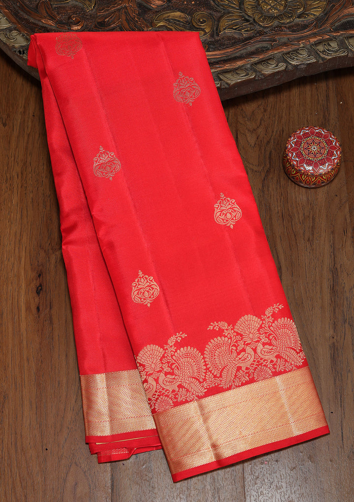 Red Silk Buti Gold Zariwork Saree With Matching Blouse Piece