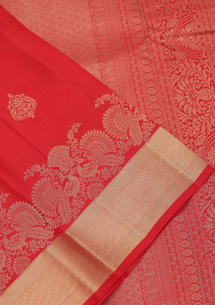 Red Silk Buti Gold Zariwork Saree With Matching Blouse Piece