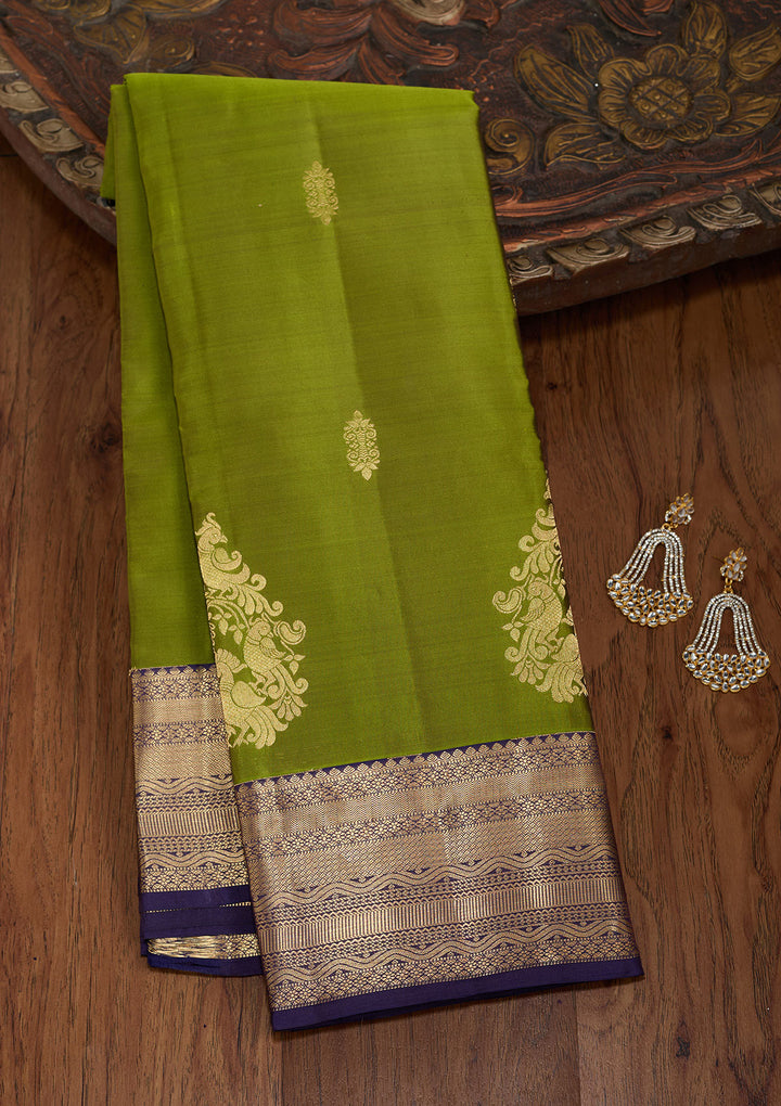 Mehendi Silk Buti Gold Zariwork Saree With Matching Blouse Piece