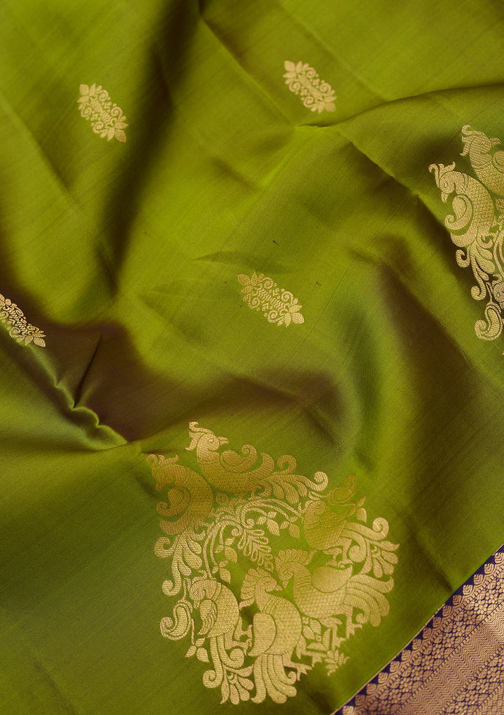 Mehendi Silk Buti Gold Zariwork Saree With Matching Blouse Piece