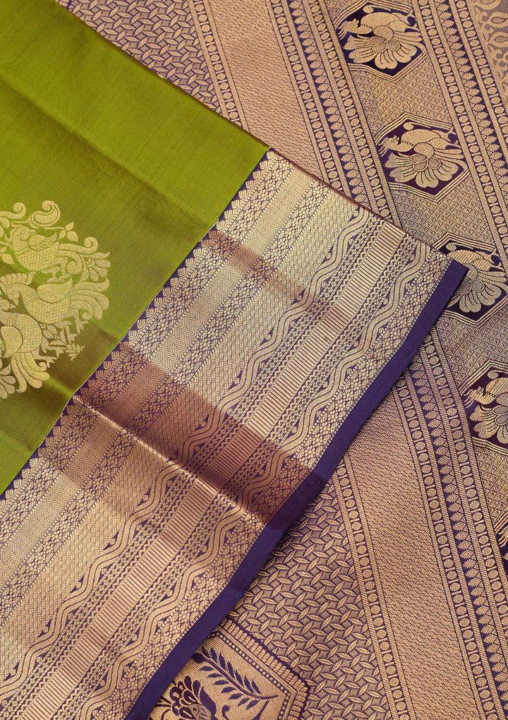 Mehendi Silk Buti Gold Zariwork Saree With Matching Blouse Piece