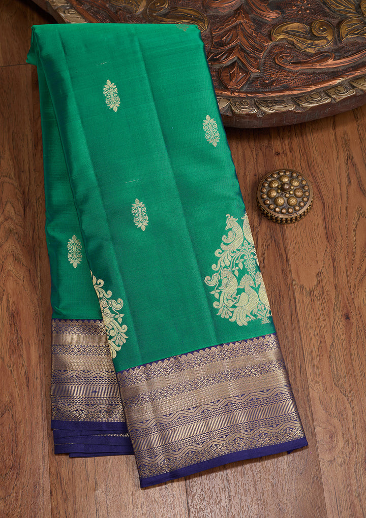 Parrot Green Silk Buti Gold Zariwork Saree With Matching Blouse Piece