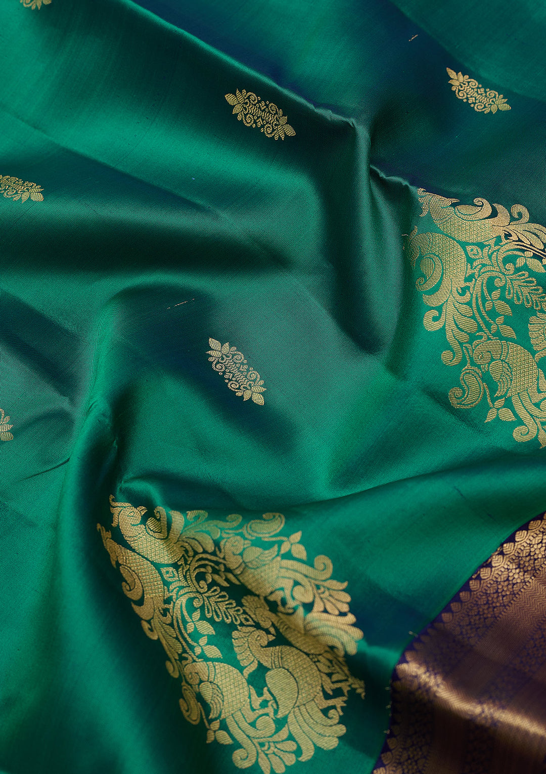 Parrot Green Silk Buti Gold Zariwork Saree With Matching Blouse Piece