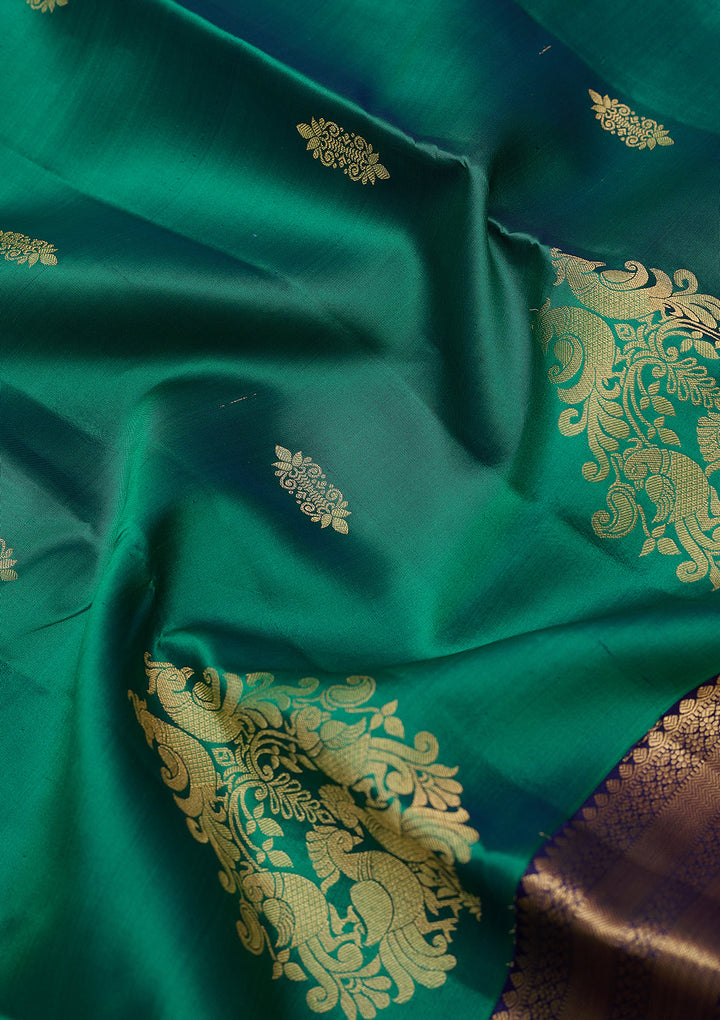 Parrot Green Silk Buti Gold Zariwork Saree With Matching Blouse Piece