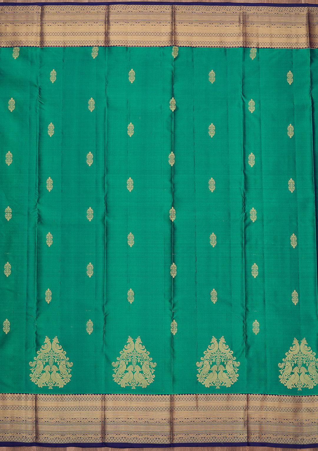 Parrot Green Silk Buti Gold Zariwork Saree With Matching Blouse Piece