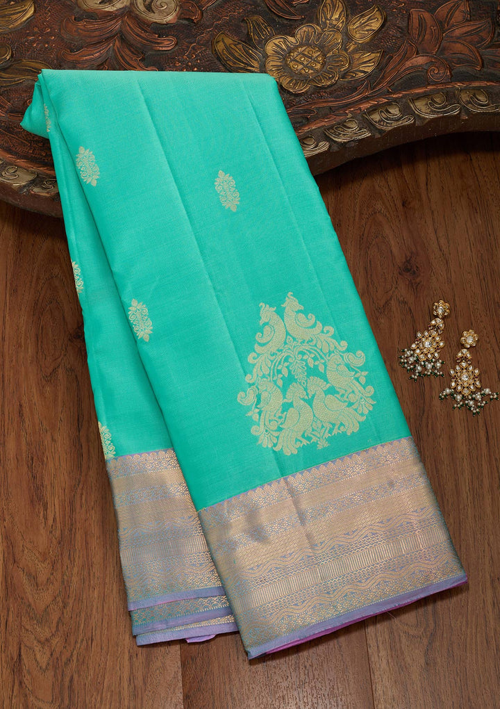 Sea Green Silk Buti Saree With Matching Blouse Piece