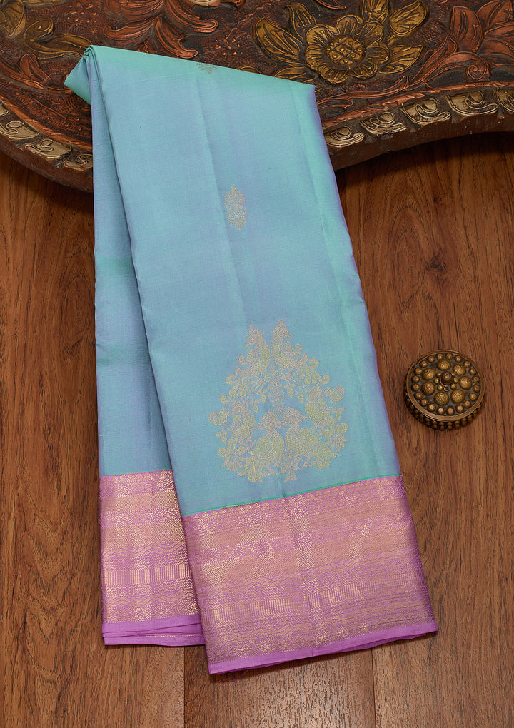 Sky Blue Silk Buti Saree With Matching Blouse Piece