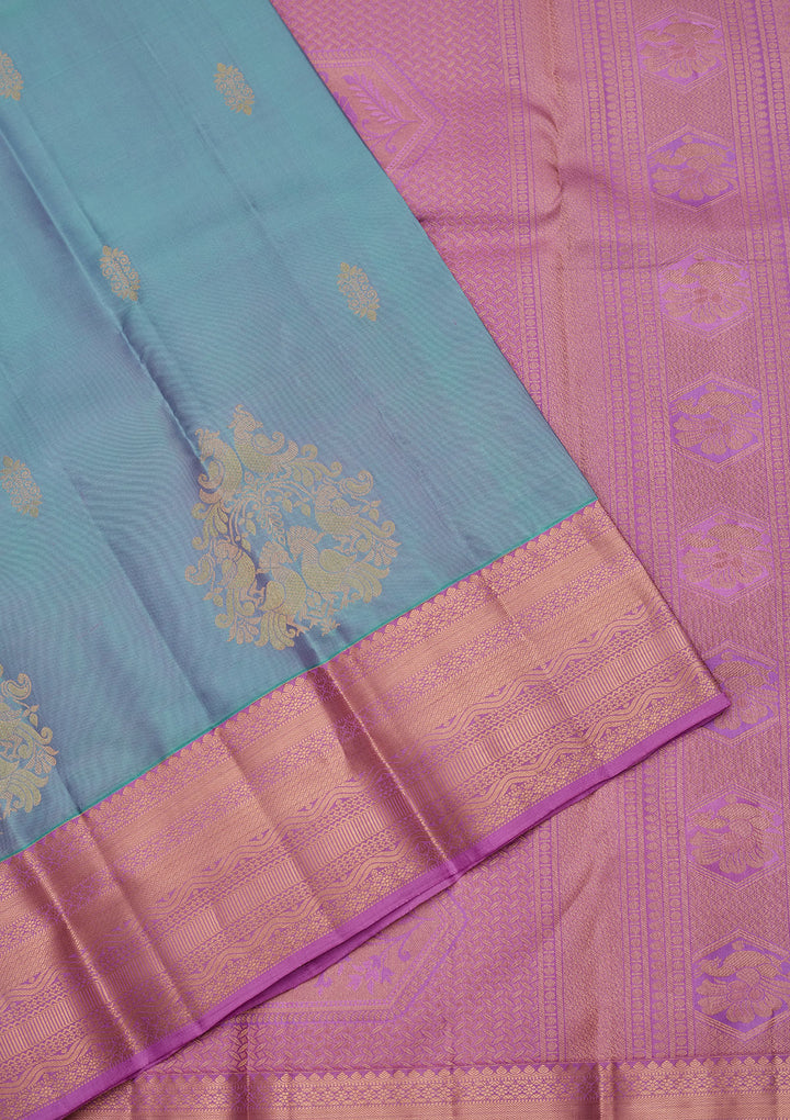 Sky Blue Silk Buti Saree With Matching Blouse Piece