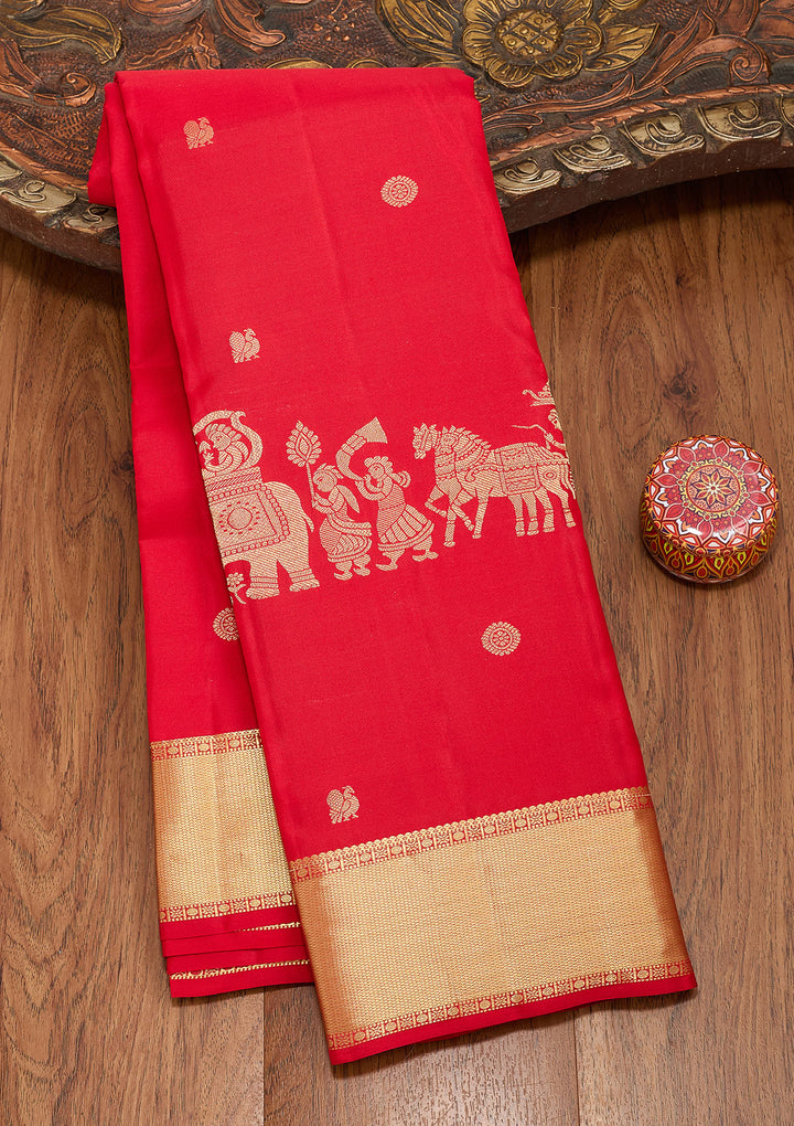 Red Silk Buti Saree With Matching Blouse Piece