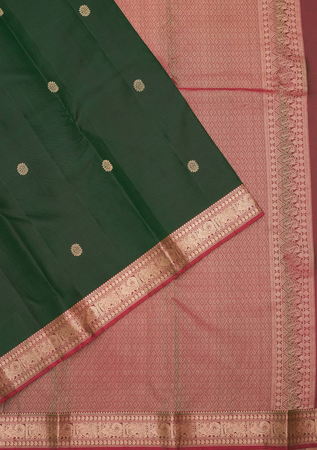 Bottle Green Silk Buti Kanjivaram Saree With Matching Blouse Piece