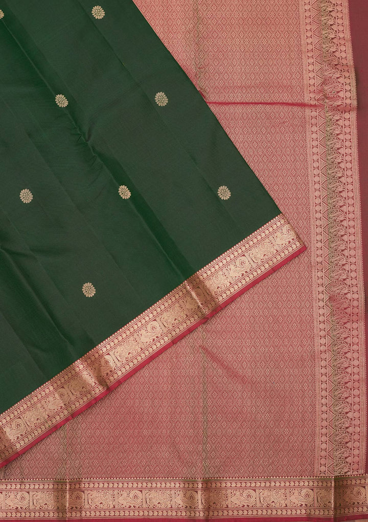 Bottle Green Silk Buti Kanjivaram Saree With Matching Blouse Piece