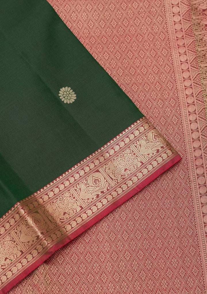 Bottle Green Silk Buti Kanjivaram Saree With Matching Blouse Piece