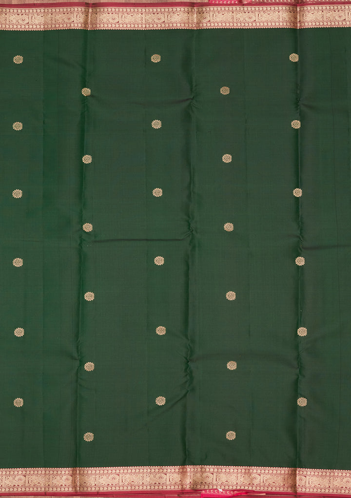 Bottle Green Silk Buti Kanjivaram Saree With Matching Blouse Piece