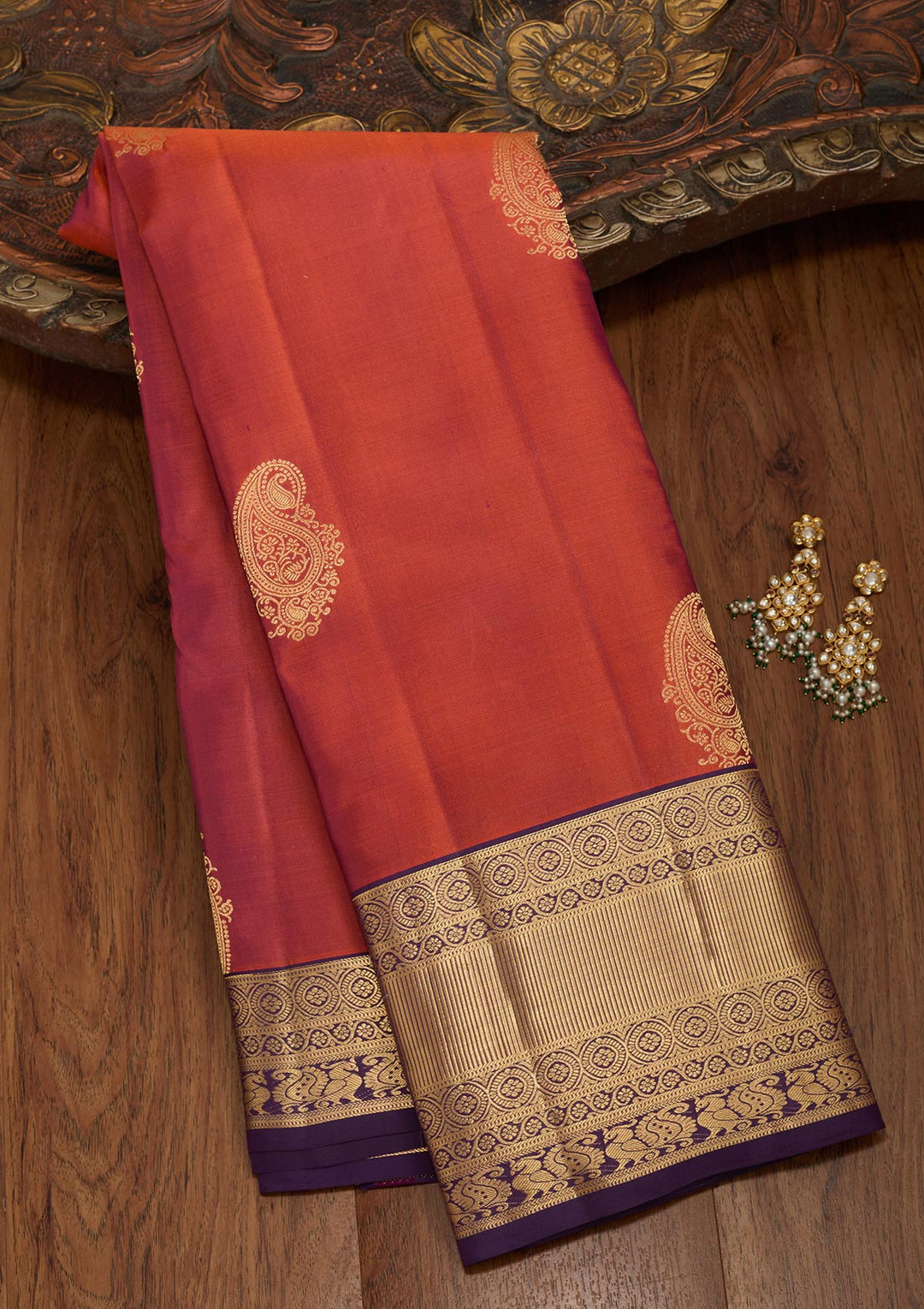 Rust Silk Buti Saree With Matching Blouse Piece