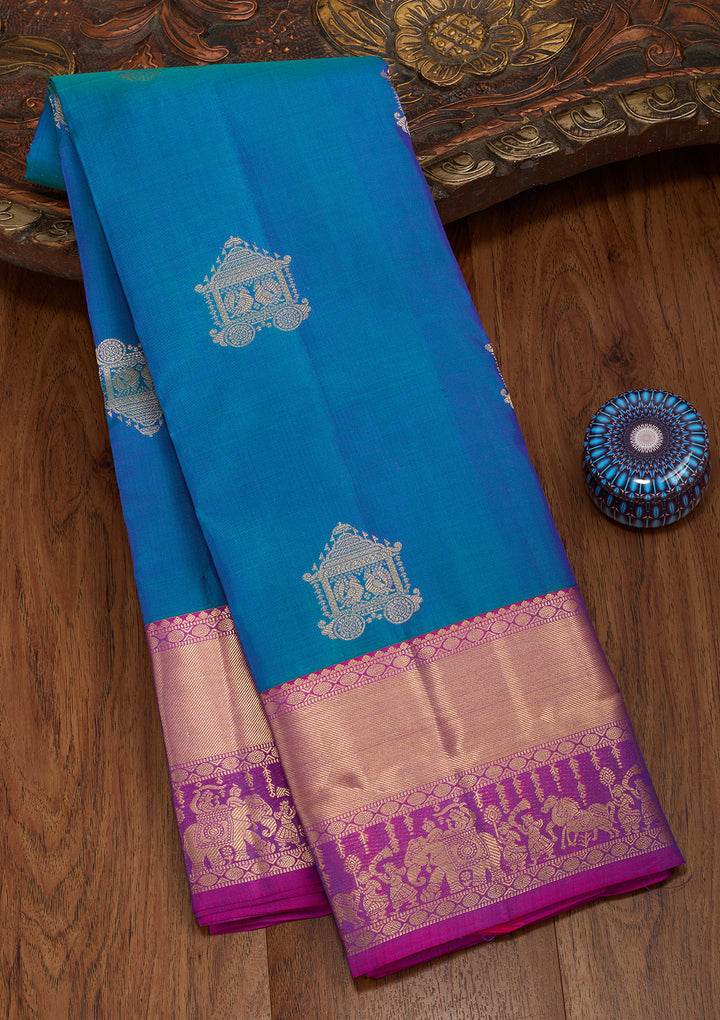 Peacock Blue Silk Buti Kanjivaram Saree With Matching Blouse Piece