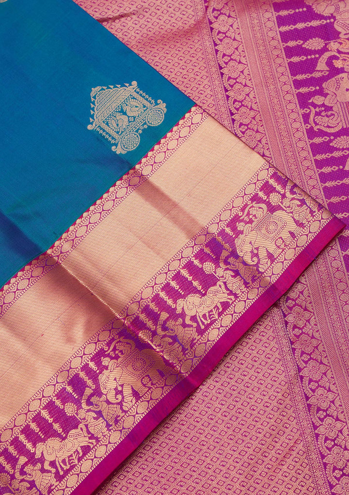 Peacock Blue Silk Buti Kanjivaram Saree With Matching Blouse Piece