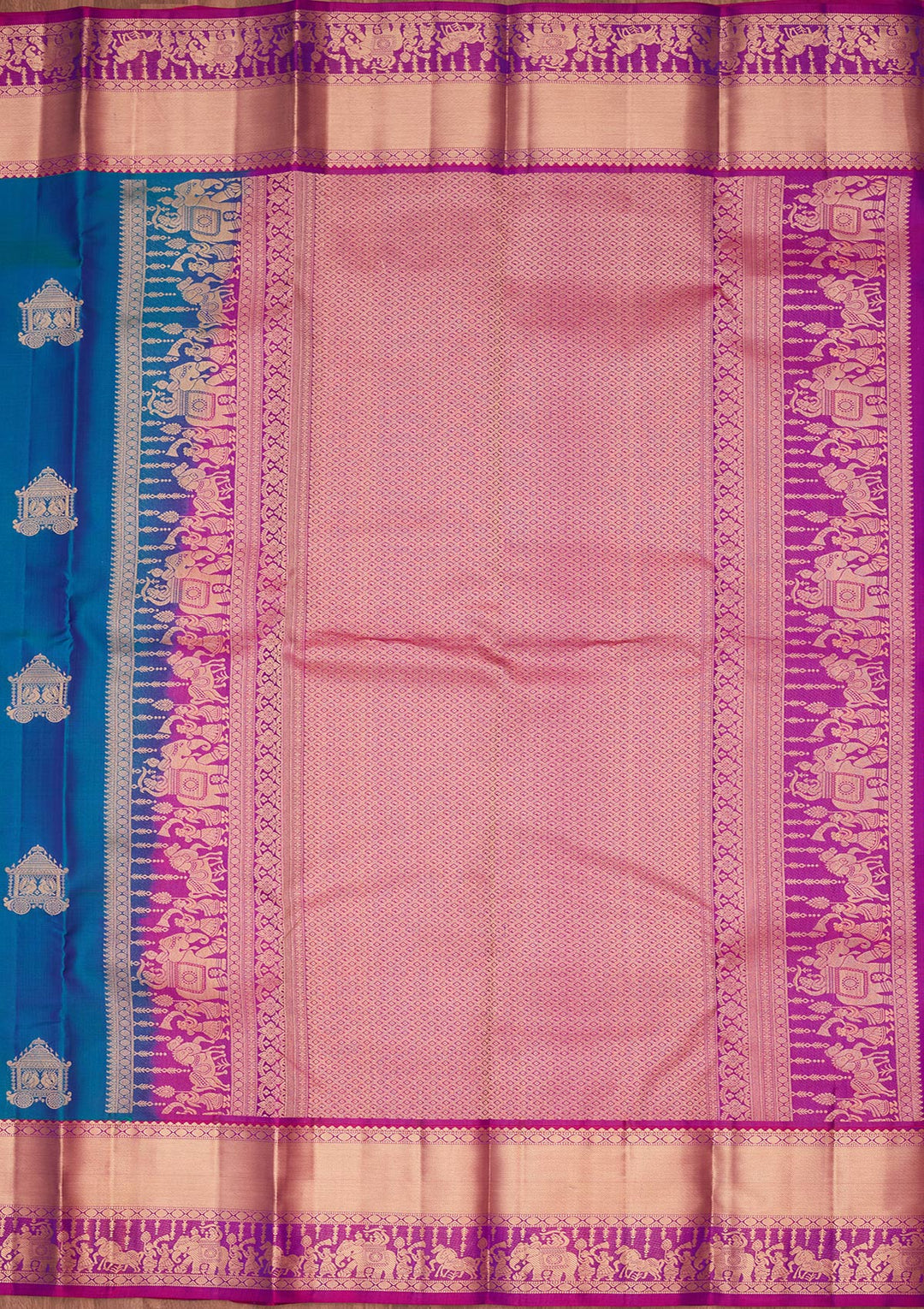 Peacock Blue Silk Buti Kanjivaram Saree With Matching Blouse Piece