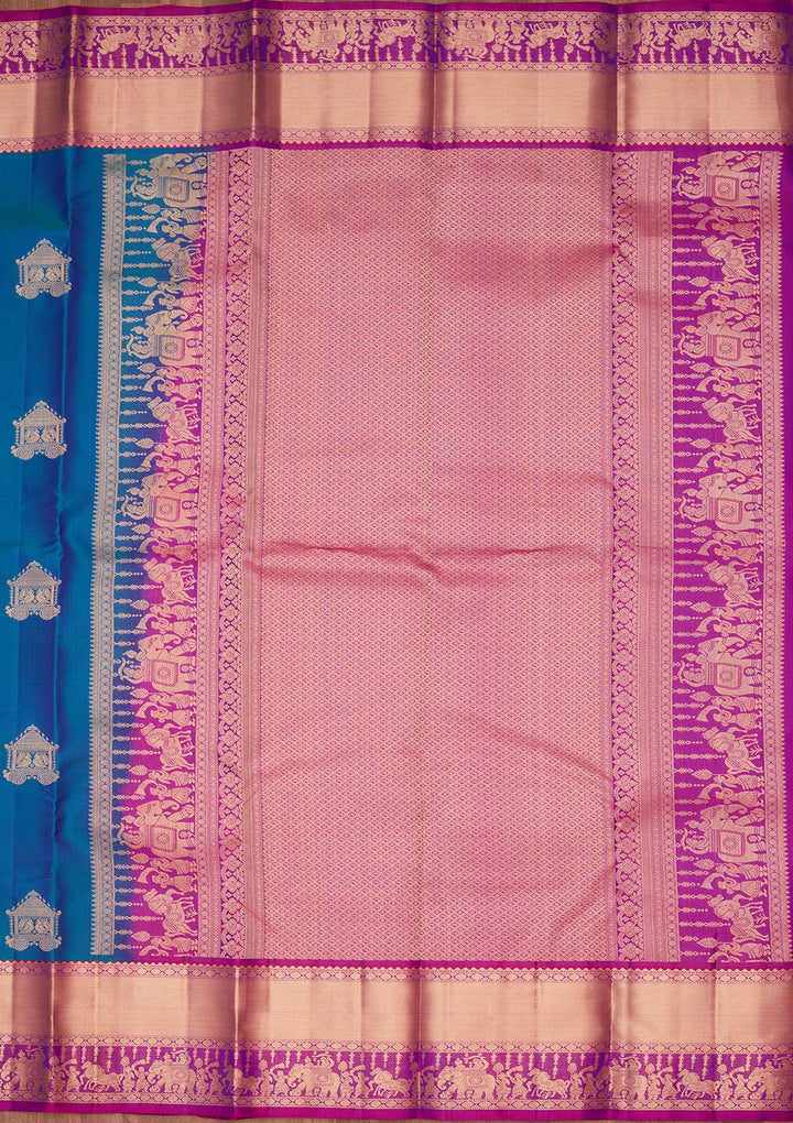 Peacock Blue Silk Buti Kanjivaram Saree With Matching Blouse Piece