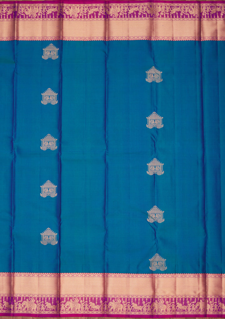 Peacock Blue Silk Buti Kanjivaram Saree With Matching Blouse Piece