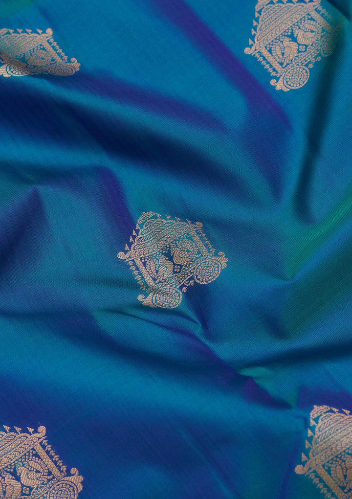 Peacock Blue Silk Buti Kanjivaram Saree With Matching Blouse Piece