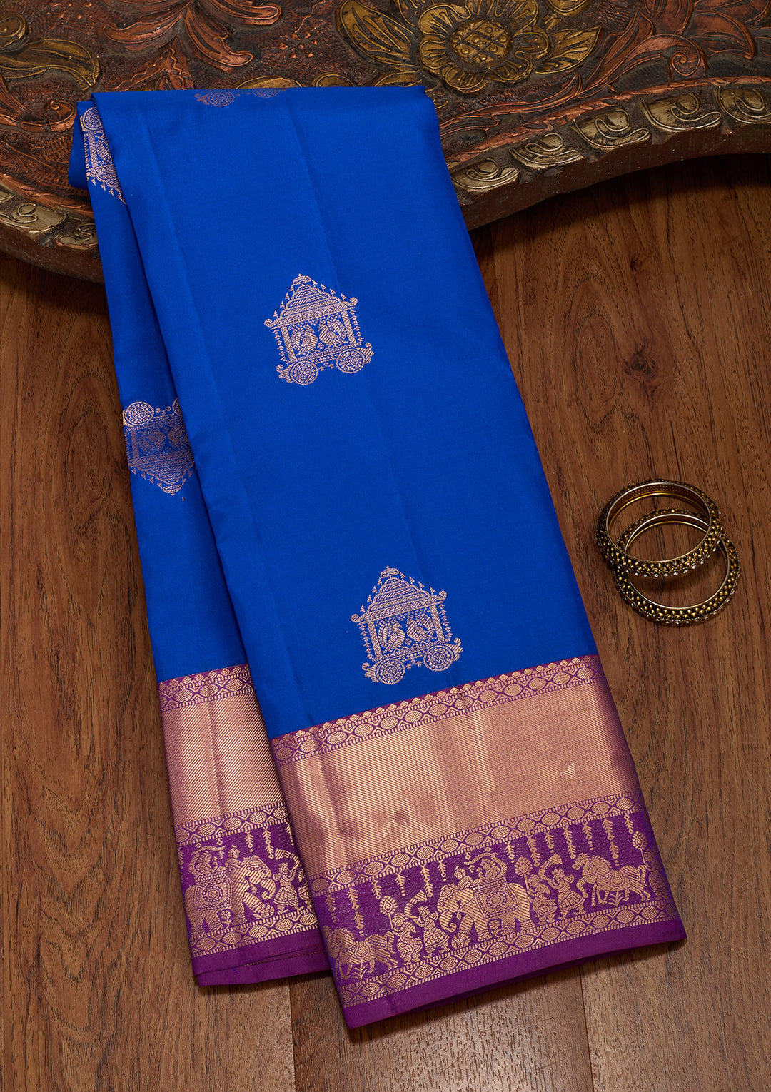 Royal Blue Silk Buti Saree With Matching Blouse Piece