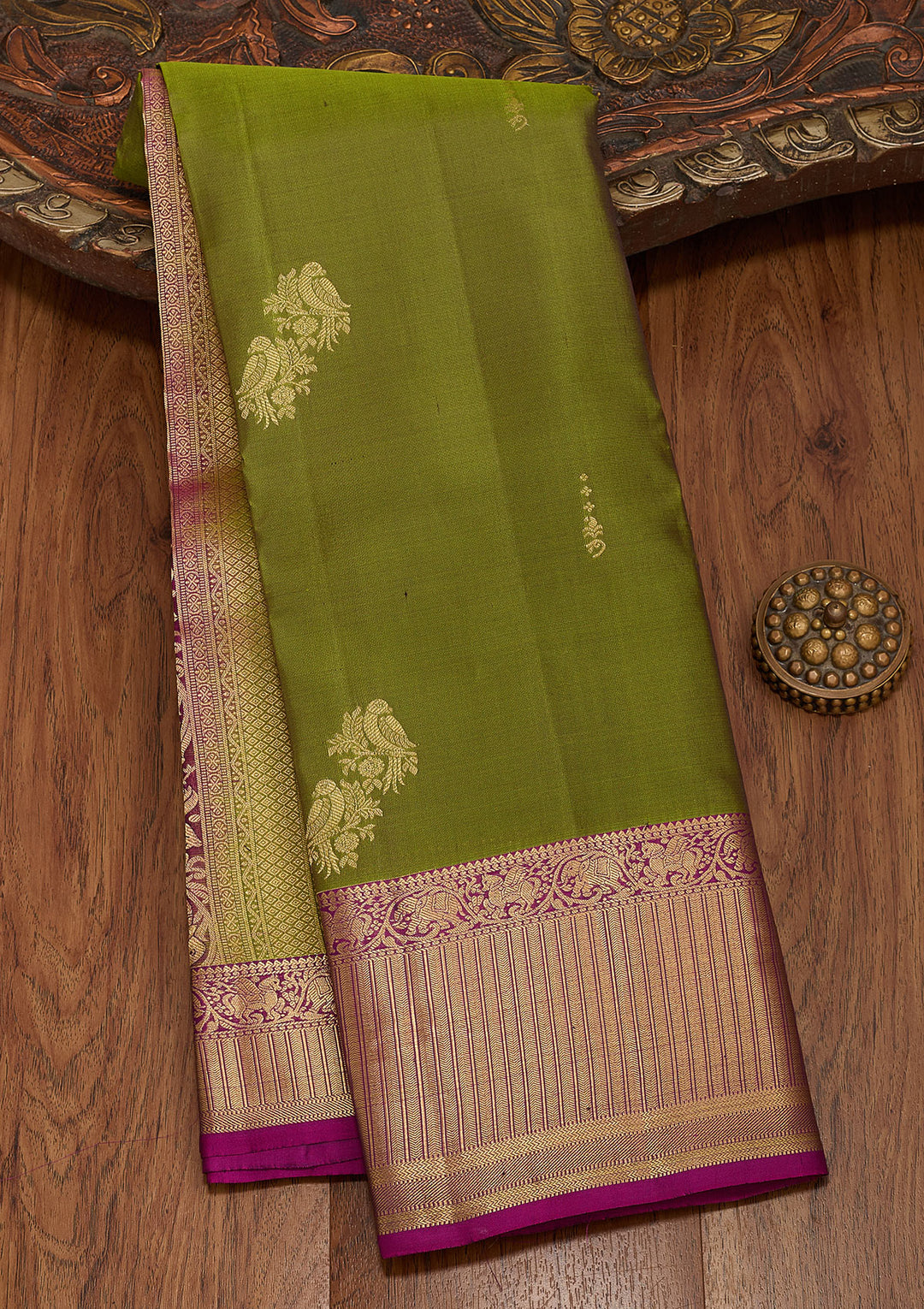 Parrot Green Silk Buti Saree With Matching Blouse Piece