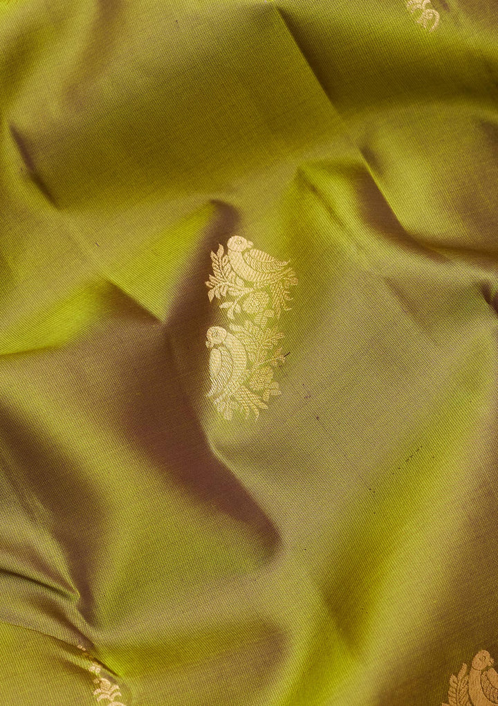 Parrot Green Silk Buti Saree With Matching Blouse Piece