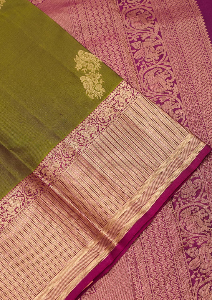 Parrot Green Silk Buti Saree With Matching Blouse Piece