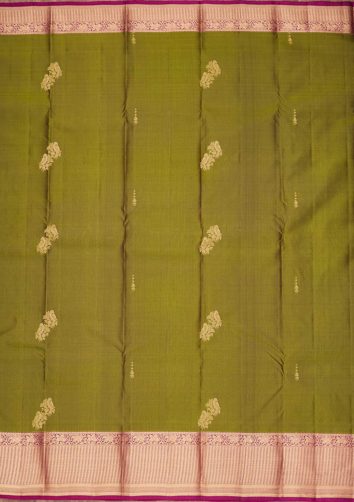 Parrot Green Silk Buti Saree With Matching Blouse Piece
