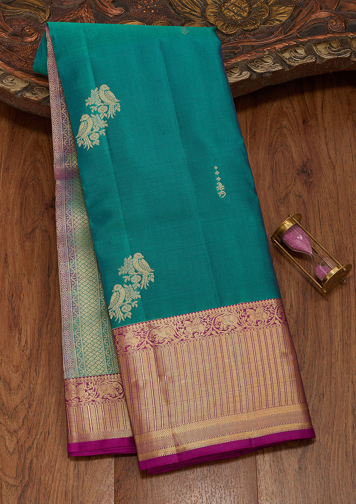 Sea Green Silk Buti Gold Zariwork Saree With Matching Blouse Piece