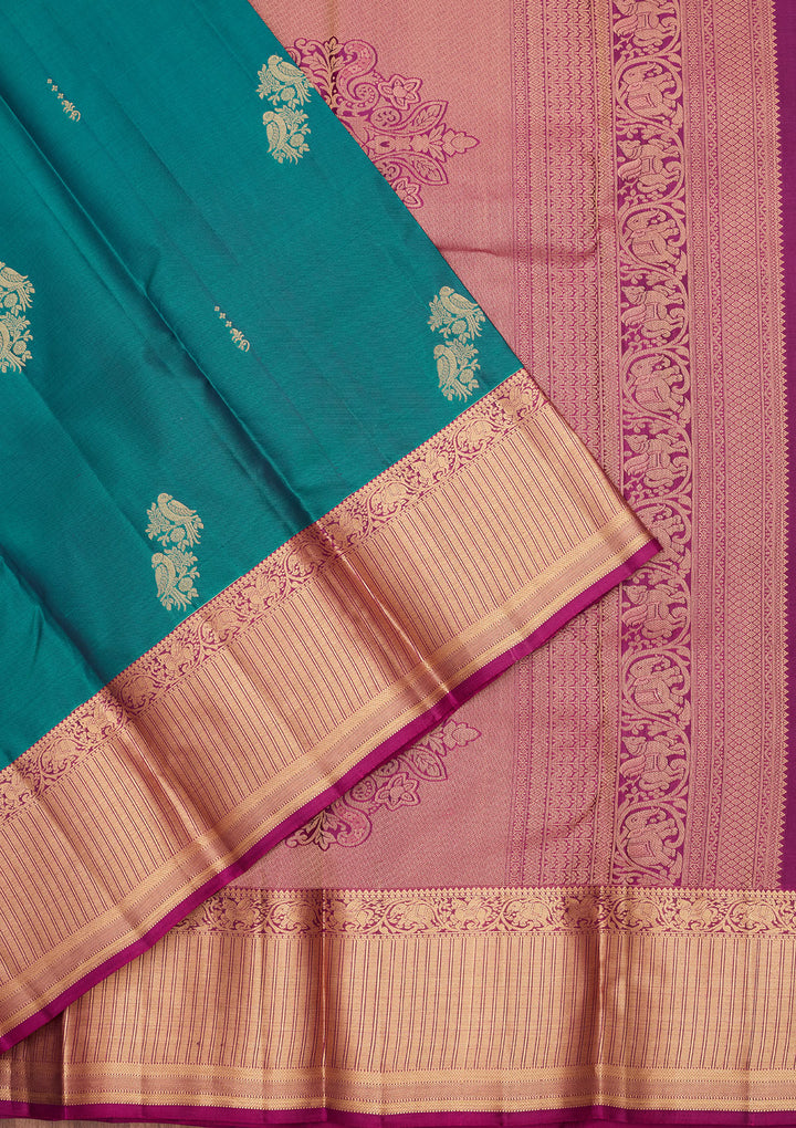 Sea Green Silk Buti Gold Zariwork Saree With Matching Blouse Piece