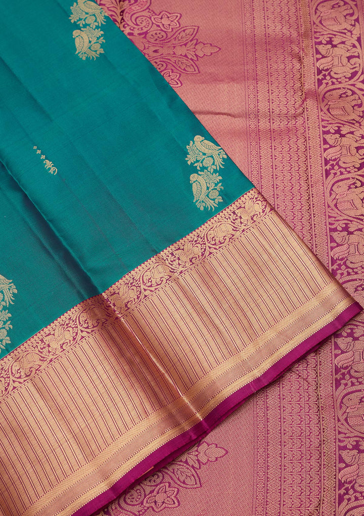 Sea Green Silk Buti Gold Zariwork Saree With Matching Blouse Piece
