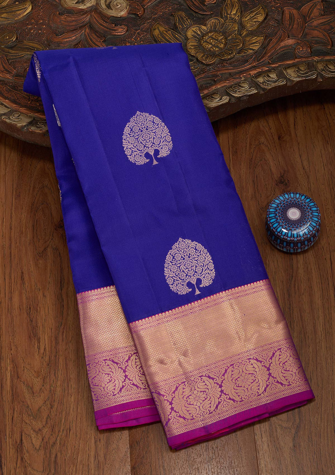 Royal Blue Silk Buti Saree With Matching Blouse Piece
