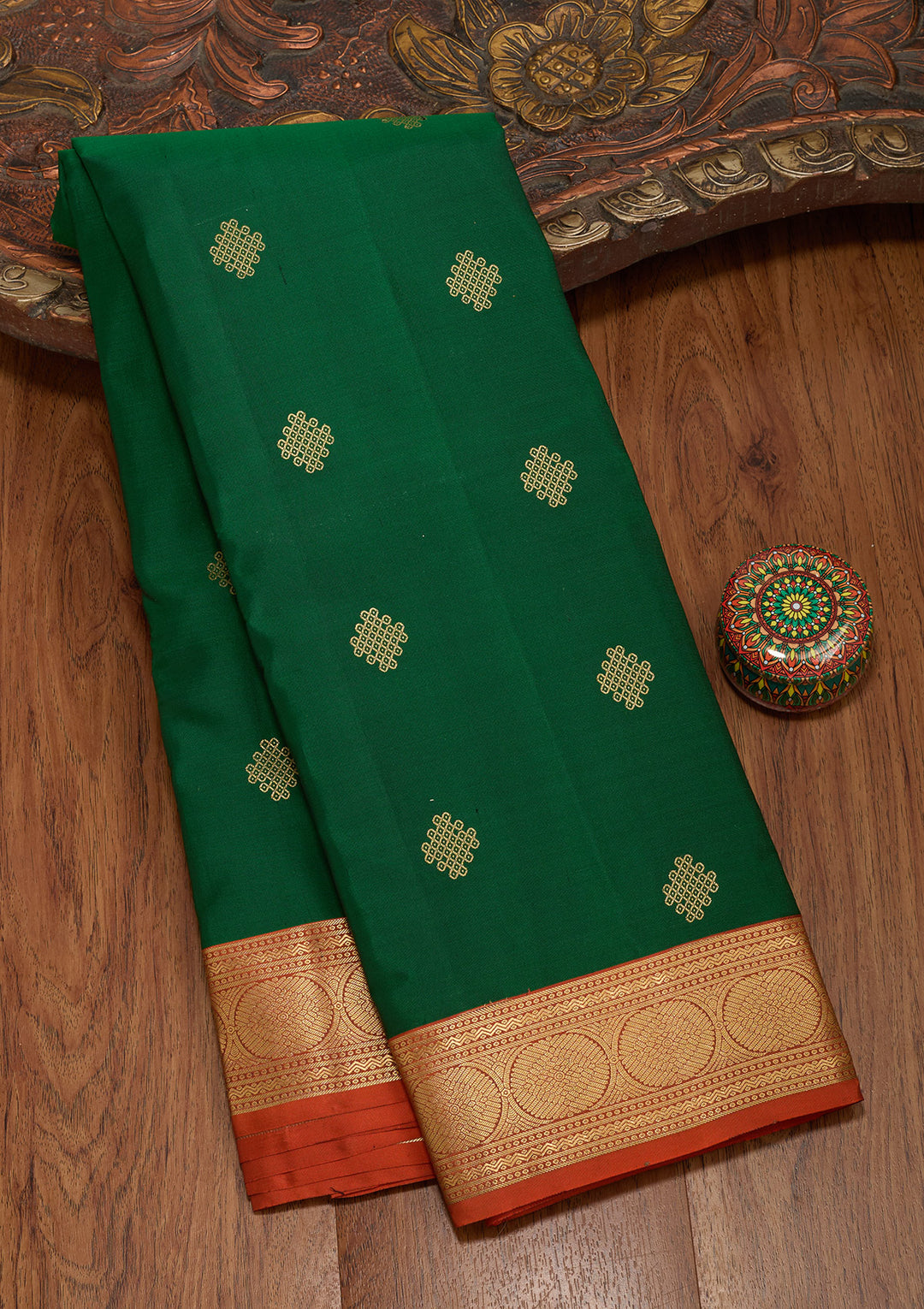 Bottle Green Silk Buti Saree With Matching Blouse Piece