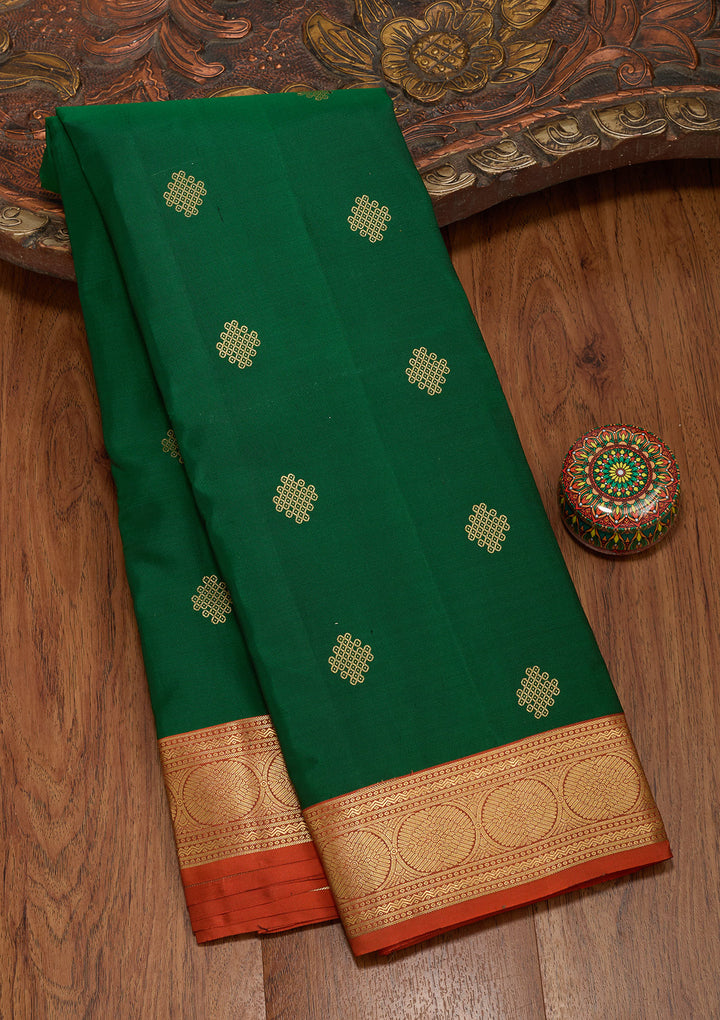 Bottle Green Silk Buti Saree With Matching Blouse Piece