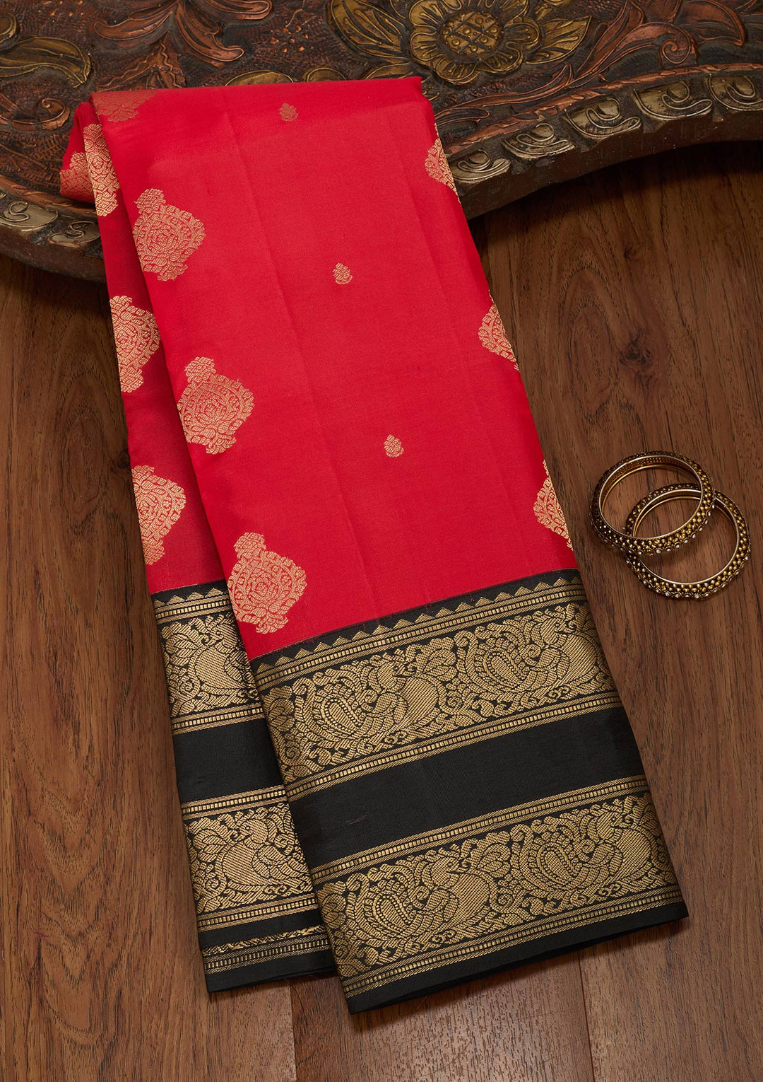 Red Silk Buti Saree With Matching Blouse Piece