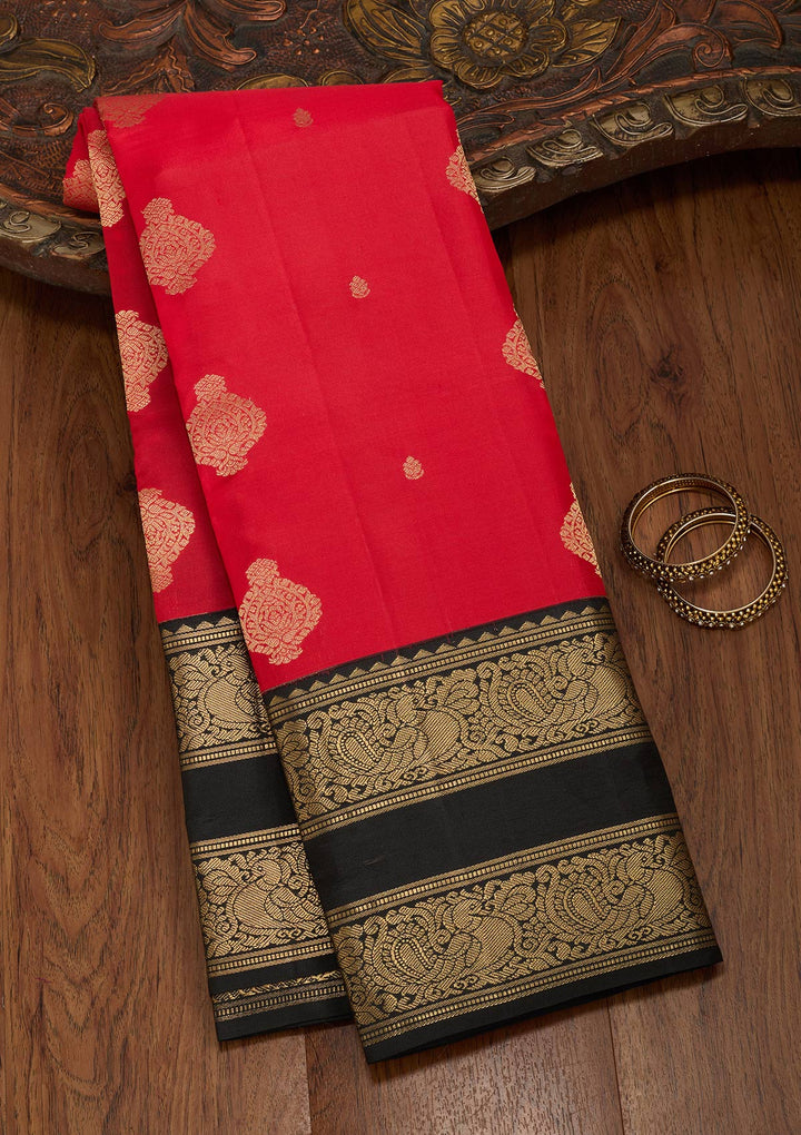 Red Silk Buti Saree With Matching Blouse Piece