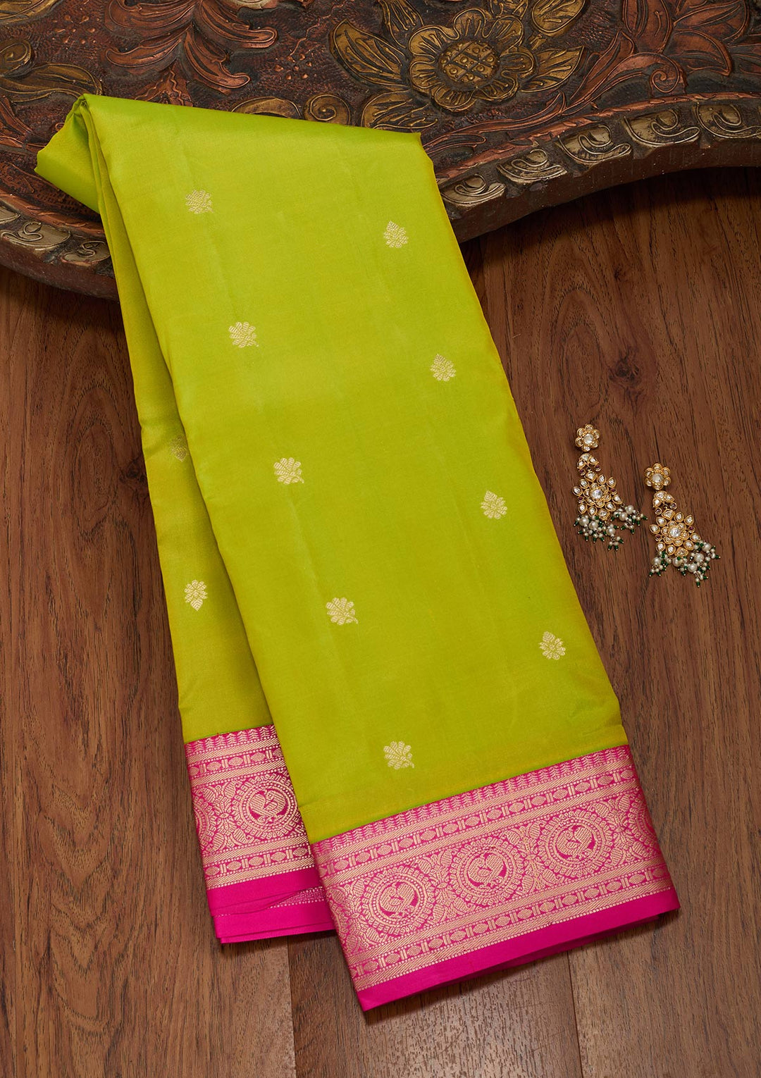 Parrot Green Silk Buti Saree With Matching Blouse Piece