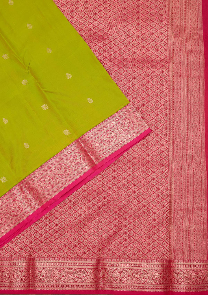Parrot Green Silk Buti Saree With Matching Blouse Piece