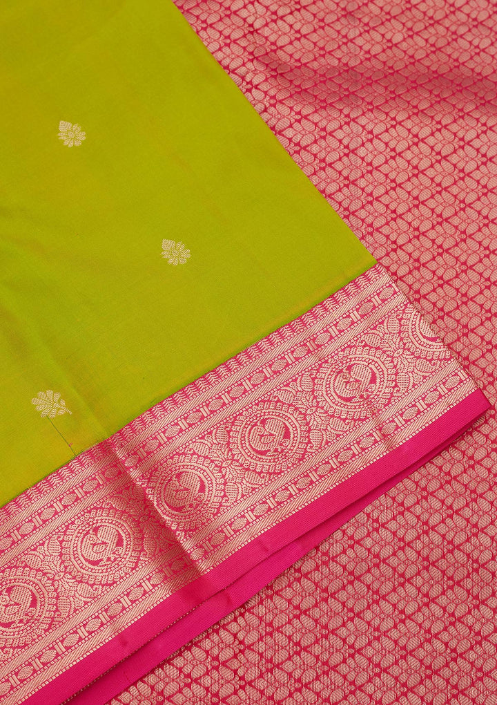Parrot Green Silk Buti Saree With Matching Blouse Piece